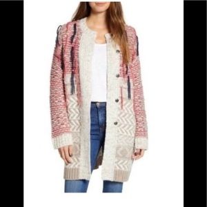 NWT Caslon Womens Beige Pink Wool Blend Fringe Multi Jacquard Cardigan Sweater